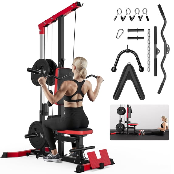 MITONOS 3 in 1 LAT Pulldown Machine,LAT Row Cable Machine with AB Crunch and Cable Row Attachments for Home Gym,High or Low Pulley Stations (Red)