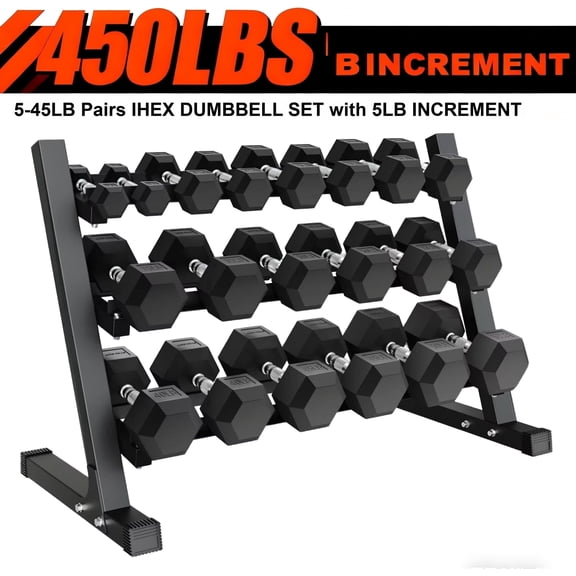 MITONOS 450lbs Dumbbell Sets with Rack, Rubber Hex Dumbbells, Free Weight set for Home Gym, Hand Weights with Chrome Handle for Strength Training
