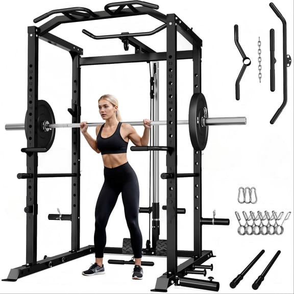 MITONOS 2000LBS Power Cage, Multi‑Function Squat Power Rack with LAT Pulldown, Pull‑Up Bar & Cable Pulley System for Home Gym