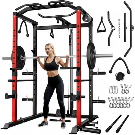 MITONOS Exercise Power Cage with Pull Up Bar,2000LBS Squat Rack with LAT Pulldown System, Multi-Function Weight Cage Strength Training Machine,Workout Cage with Attachments for Home Gym,RD