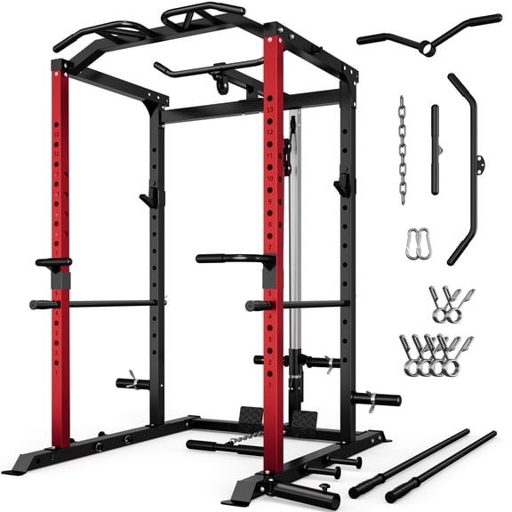 MITONOS Power Cage, Multi‑Function 2000LBS Squat Power Rack with LAT Pulldown, Pull‑Up Bar & Cable Pulley System for Home Gym