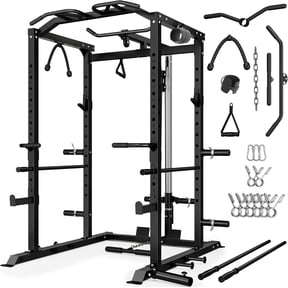 Power Rack Power Cage with LAT Pulldown Attachment and Pull Up Bar,2000LBS Squat Rack for Home Gym