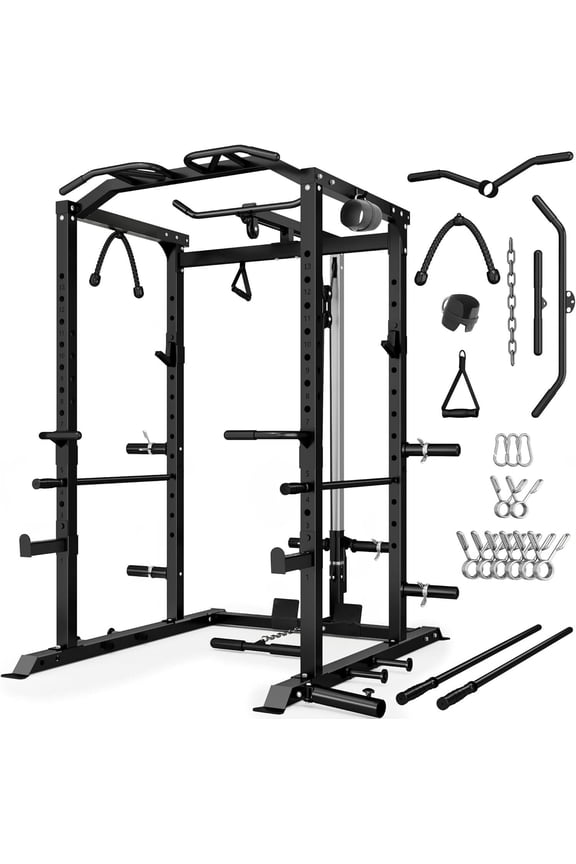 Power Rack Power Cage with LAT Pulldown Attachment and Pull Up Bar,2000LBS Squat Rack for Home Gym