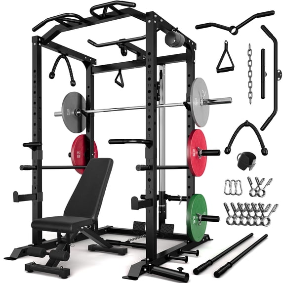 MITONOS Multi-Functional Squat Rack with LAT Pulldown System Exercise Power Cages with 100lbs Colorful Plates Home Gym Package, Metal Black