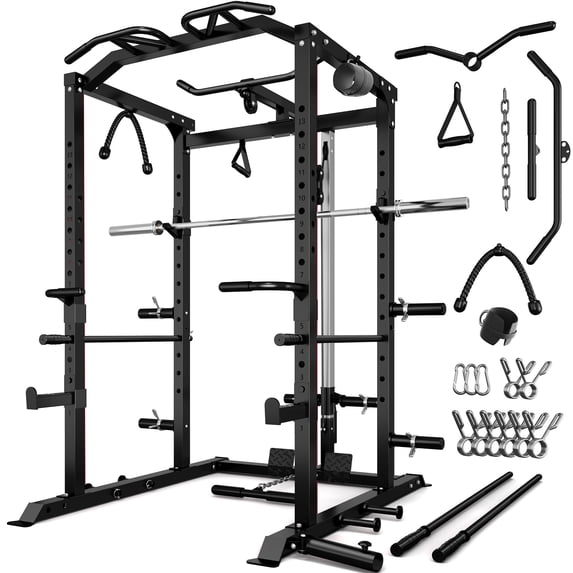 MITONOS Multi-Functional Squat Rack with LAT Pulldown System Exercise Power Cages with Barbell, Metal Black