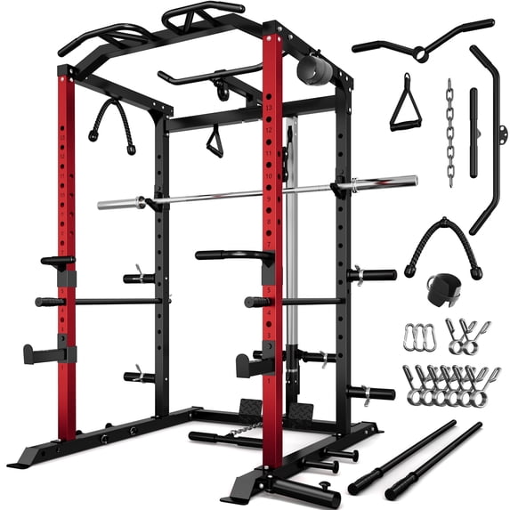 MITONOS Multi-Functional Squat Rack with LAT Pulldown System Exercise Power Cages with Barbell, Metal Red
