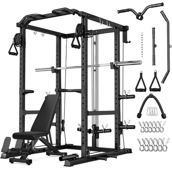 MITONOS Power Cage, 2000LB Squat Rack with Cable Crossover System, Multi-Function Weight Cage, Home Gym Workout Machine with More Training Attachments, BK