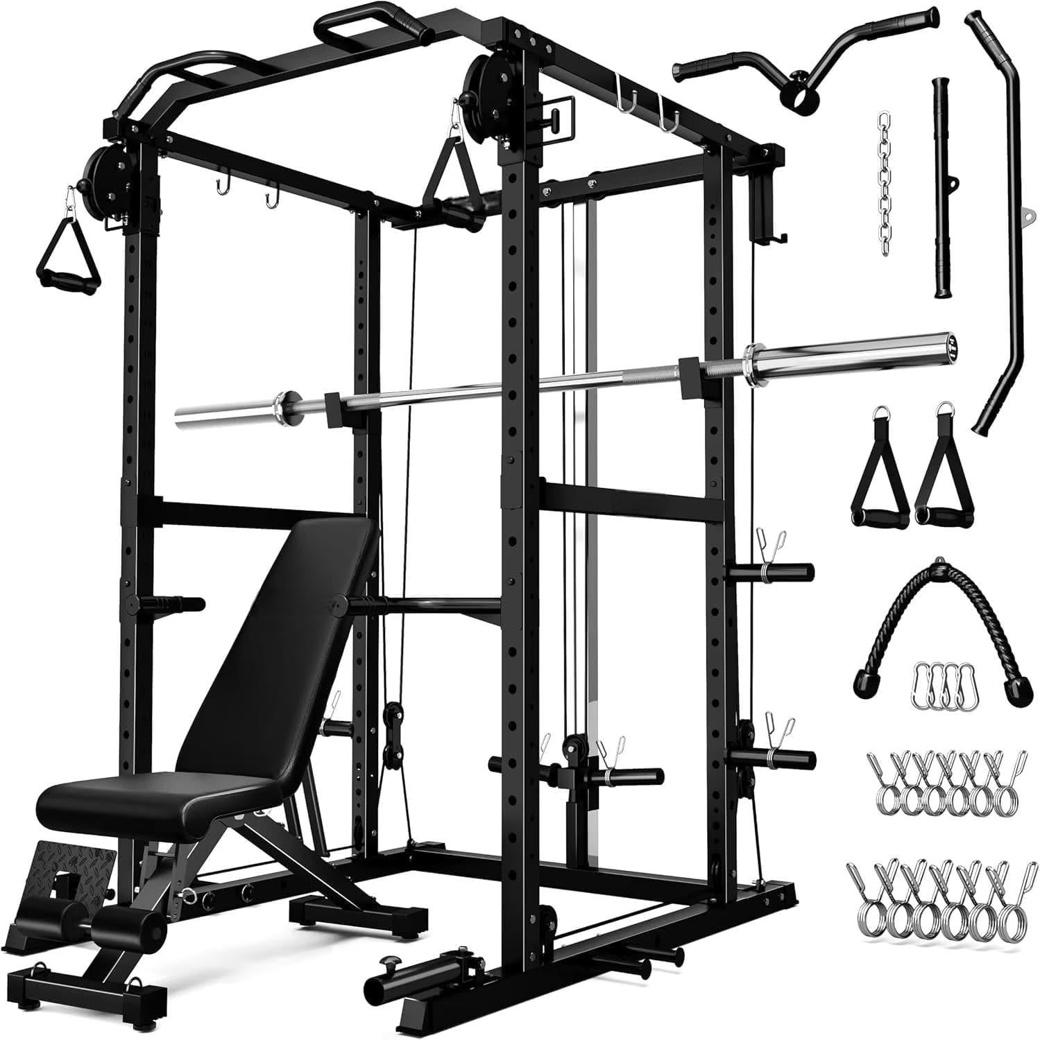 MITONOS Power Cage, 2000LB Squat Rack with Cable Crossover System, Multi-Function Weight Cage, Home Gym Workout Machine with More Training Attachments, BK