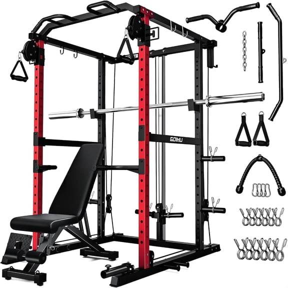 MITONOS Power Cage, 2000LB Squat Rack with Cable Crossover System, Multi-Function Weight Cage, Home Gym Workout Machine with More Training Attachments, RD