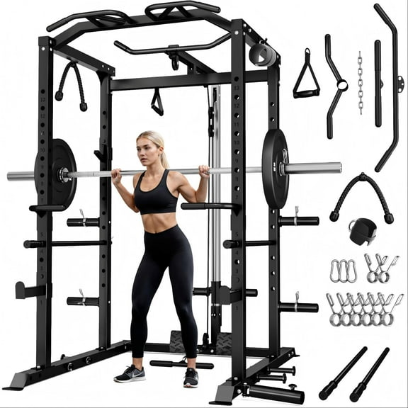 MITONOS Exercise Power Cage with Pull Up Bar,2000LBS Squat Rack with LAT Pulldown System, Multi-Function Weight Cage Strength Training Machine,Workout Cage with Attachments for Home Gym,RD
