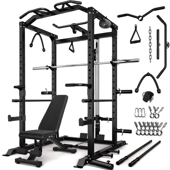 MITONOS 2000LBS Power Cage, Multi‑Function Squat Power Rack with LAT Pulldown, Pull‑Up Bar & Cable Pulley System for Home Gym