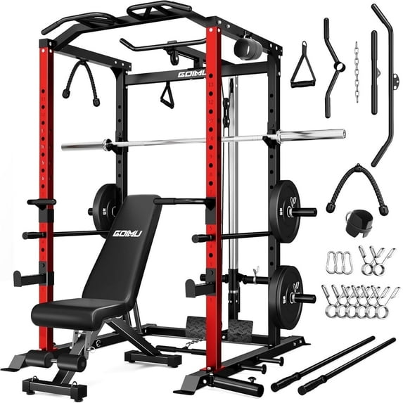 MITONOS Power Cage, 2000LBS Squat Rack with LAT Pulldown, Multi-Function Power Rack Strength Training Machine, Weight Lifting Equipment with More Attachments for Home Gym Garage