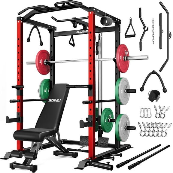 MITONOS Power Cage, 2000LBS Squat Rack with LAT Pulldown,Power Rack Strength Training Machine, Weight Lifting Equipment with More Attachments,Weight Bench,Olympic Barbell Weight Set for Home Gym,Red