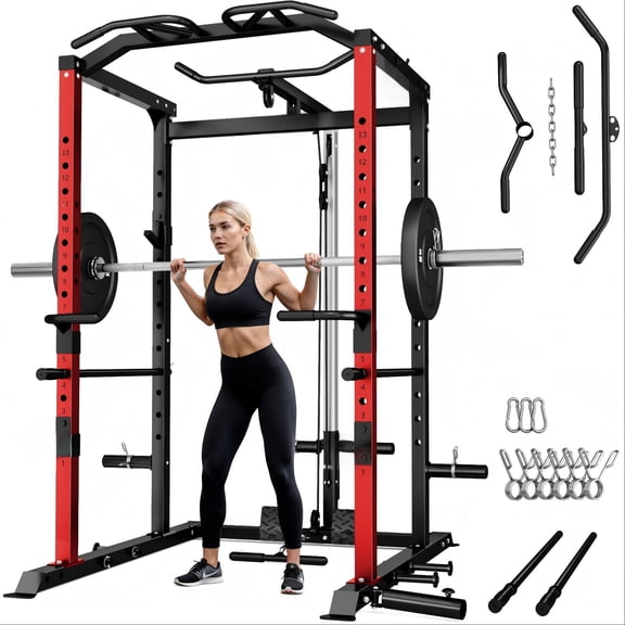 MITONOS Power Cage, Multi‑Function 2000LBS Squat Power Rack with LAT Pulldown, Pull‑Up Bar & Cable Pulley System for Home Gym