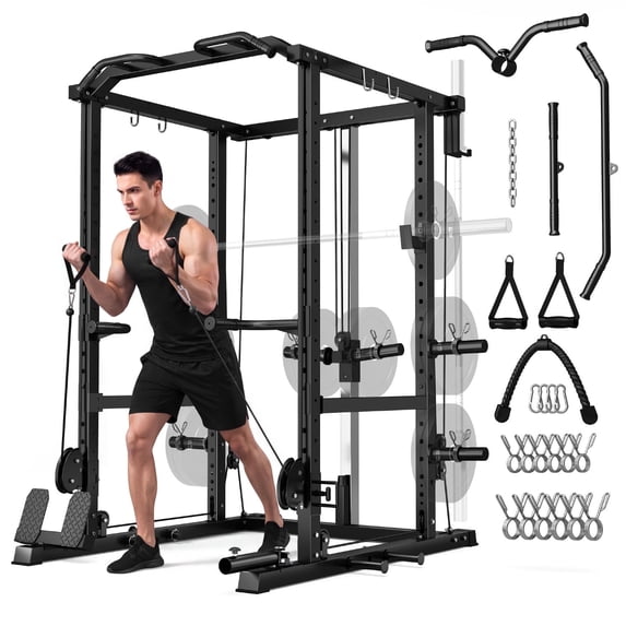MITONOS Power Cage, 2000LB Squat Rack with Cable Crossover System, Multi-Function Weight Cage, Home Gym Workout Machine with More Training Attachments, BK