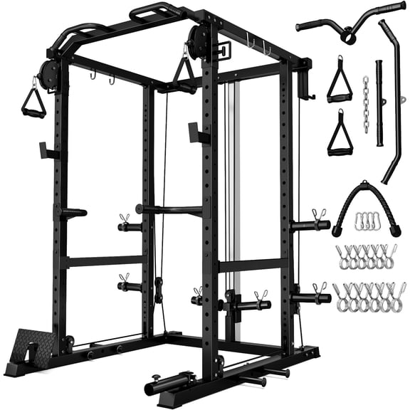 MITONOS Power Cage, 2000LB Squat Rack with Cable Crossover System, Multi-Function Weight Cage, Home Gym Workout Machine with More Training Attachments, BK