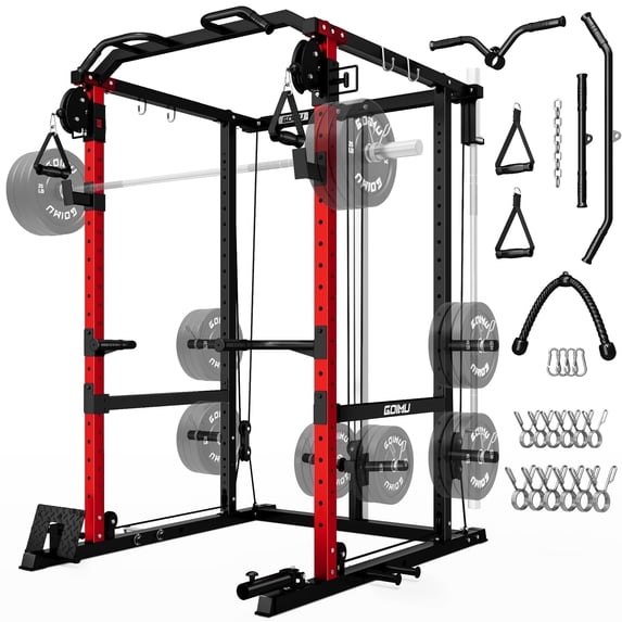 MITONOS Power Cage, 2000LB Squat Rack with Cable Crossover System, Multi-Function Weight Cage, Home Gym Workout Machine with More Training Attachments, RD