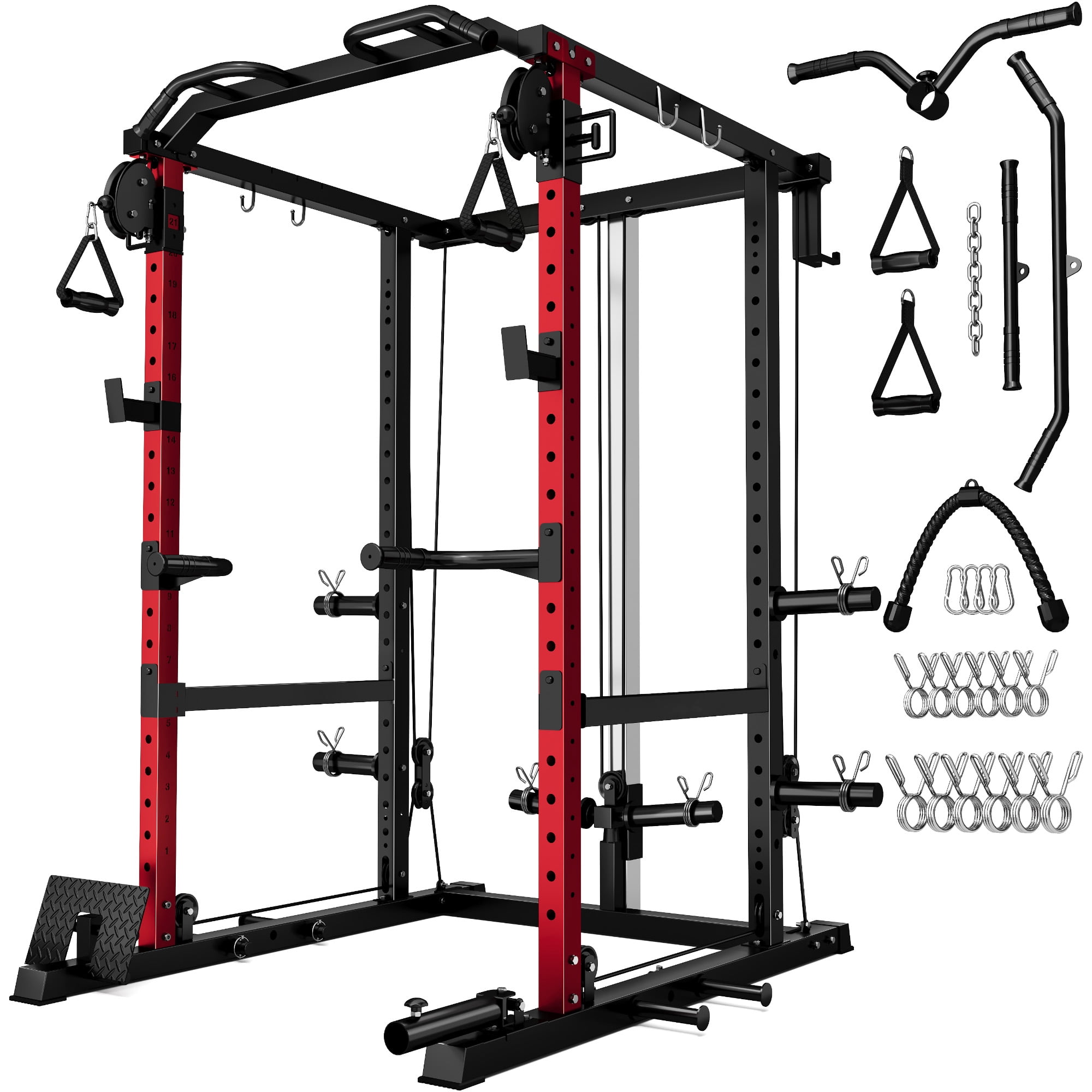 MITONOS Power Cage, 2000LB Squat Rack with Cable Crossover System, Multi-Function Weight Cage, Home Gym Workout Machine with More Training Attachments, RD