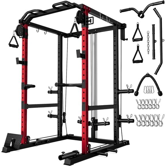 MITONOS Power Cage, 2000LB Squat Rack with Cable Crossover System, Multi-Function Weight Cage, Home Gym Workout Machine with More Training Attachments, RD
