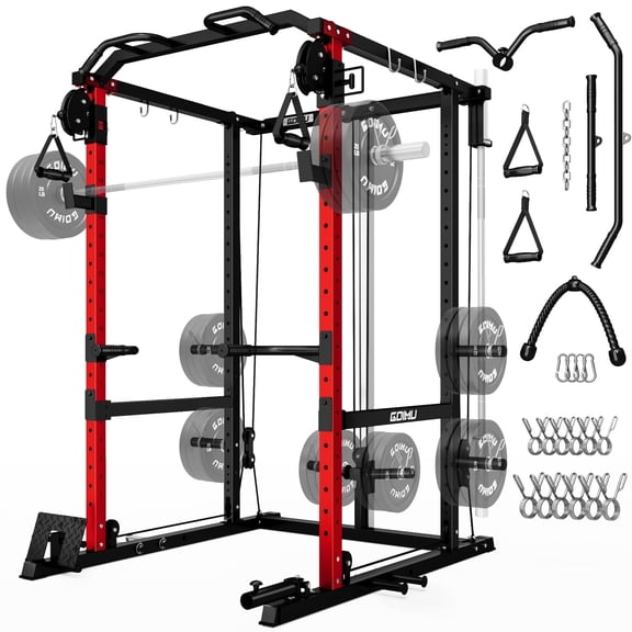 MITONOS Power Cage, 2000LB Squat Rack with Cable Crossover System, Multi-Function Weight Cage, Home Gym Workout Machine with More Training Attachments, RD