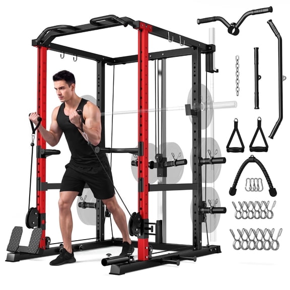 MITONOS Power Cage,2000LB Squat Rack with Cable Crossover System,Multi-Function Weight Cage,Home Gym Workout Machine with More Training Attachments,RD