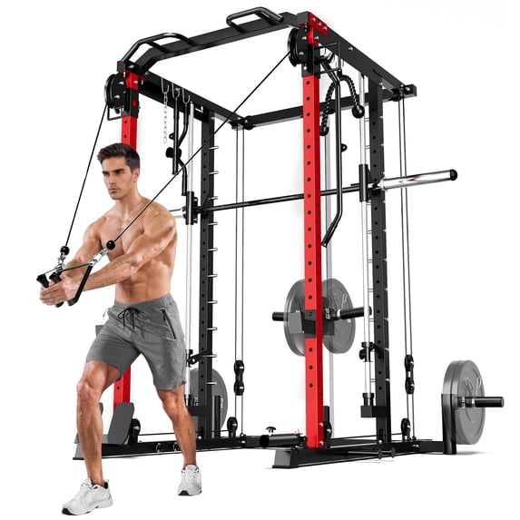 MITONOS Smith Machine, 2000LBS Power Cage with Cable Crossover System, All-in-One Squat Rack with Smith Bar, Workout Cage Strength Training Equipment with Attachments, RD