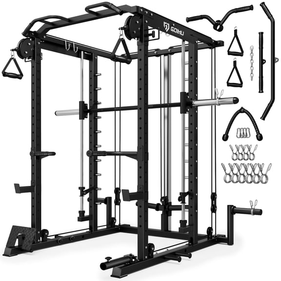 MITONOS Smith Machine, 2000LBS Power Cage with Cable Crossover System, All-in-One Squat Rack with Smith Bar, Workout Cage Strength Training Equipment with Attachments, BK