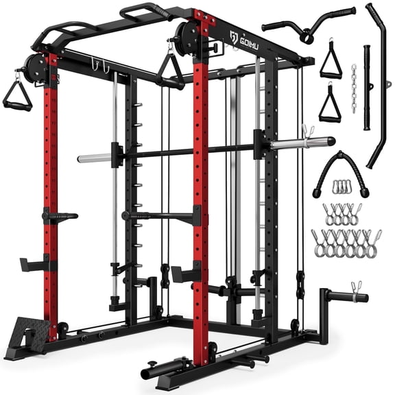 MITONOS Smith Machine, 2000LBS Power Cage with Cable Crossover System, All-in-One Squat Rack with Smith Bar, Workout Cage Strength Training Equipment with Attachments, RD