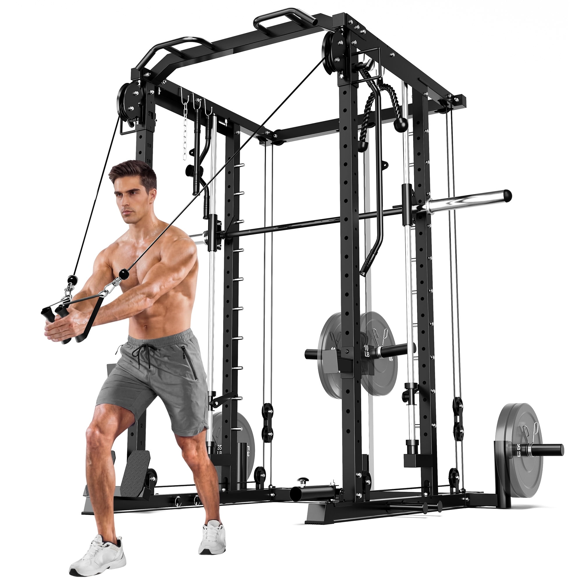 MITONOS Smith Machine, 2000LBS Power Cage with Cable Crossover System, All-in-One Squat Rack with Smith Bar, Workout Cage Strength Training Equipment with Attachments, RD