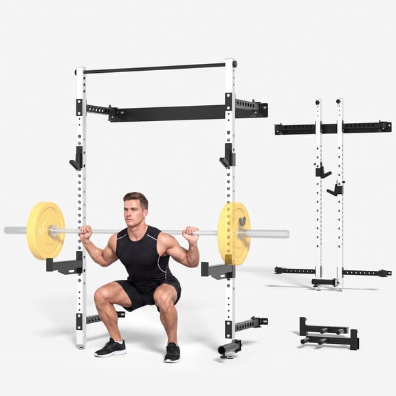 MITONOS Wall Mount Foldable Squat Power Rack, Compact 1100 lbs Weight Capacity Home Gym Training Station,Heavy-Duty Steel Space Efficient Workout Frame with Pull-up Bar and 360° Landmine