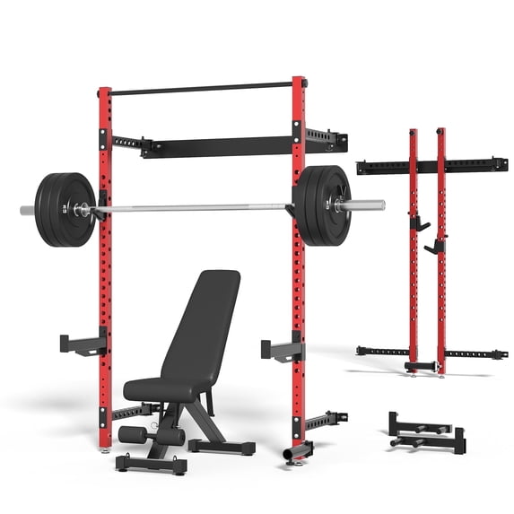 MITONOS Wall Mount Foldable Squat Rack, Space‑Saving Training Station for Home Gym, Heavy‑Duty Steel Half‑Rack with Pull‑Up Bar & 360° Landmine