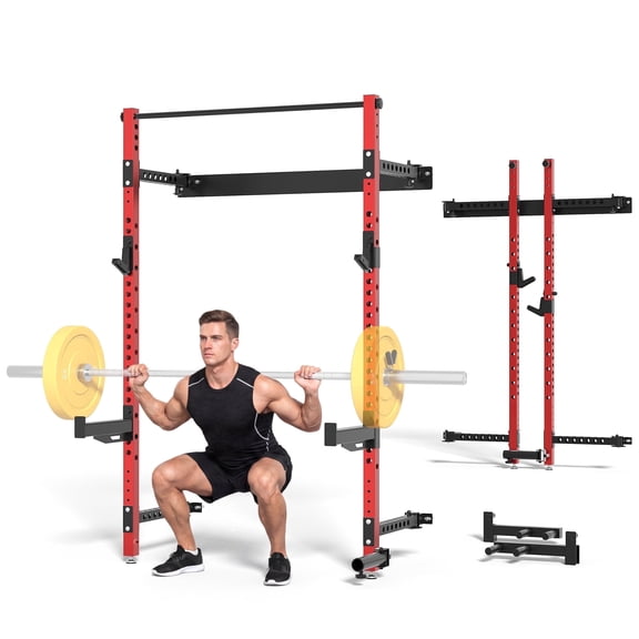 MITONOS Wall Mount Foldable Squat Power Rack, Compact 1100 lbs Weight Capacity Home Gym Training Station,Heavy-Duty Steel Space Efficient Workout Frame with Pull-up Bar and 360° Landmine