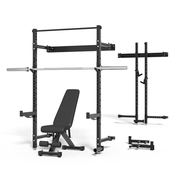 MITONOS Wall Mount Foldable Squat Rack, Space‑Saving Training Station for Home Gym, Heavy‑Duty Steel Half‑Rack with Pull‑Up Bar & 360° Landmine
