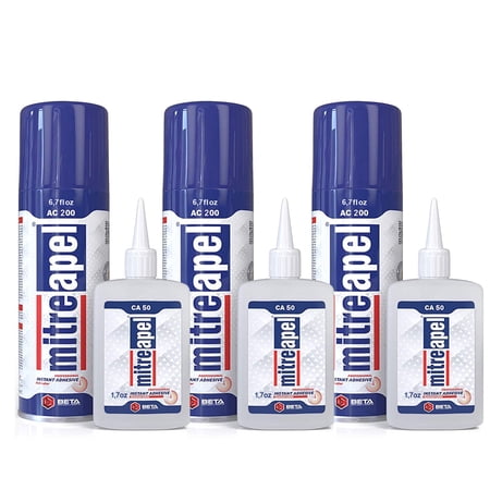 MITREAPEL Super CA Glue w (3 x 1.7 oz -3 x 6.7 fl ) Includes CA Glue with Activator, Liquids, High Strength, DIY, for Ceramic, Plastic, Clear, 3Pack