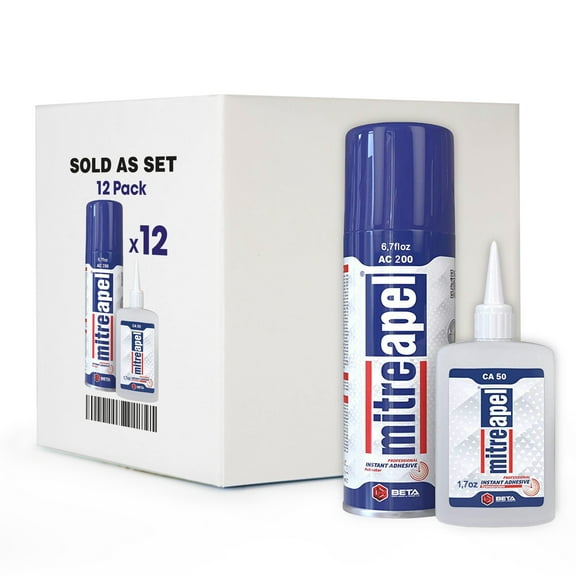 MITREAPEL Instant Glue with Rapid Activator, 12 Pack (12 x 1.7 oz Glue + 12 x 6.7 fl oz Activator)