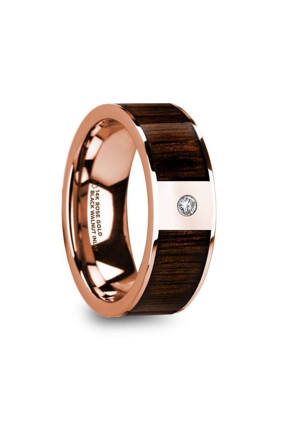 MITROS Men’s Polished 14k Rose Gold & Black Walnut Inlay Wedding Ring with Diamond - 8mm