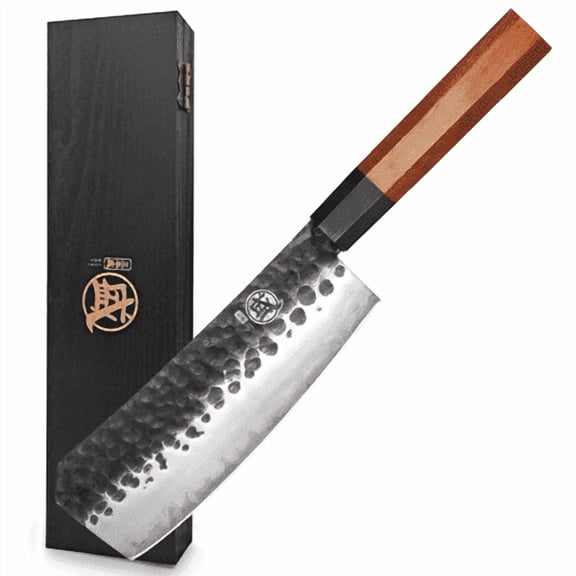MITSUMOTO SAKARI Boning Knife 7 inch - Hand Forged Japanese Meat Cleaver Knives, 3-Layer 9CR18MOV High Carbon Steel, Rosewood Handle & Sandalwood Box
