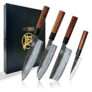 MITSUMOTO SAKARI Japanese Chefs Knife Set 4 Pcs, Professional Hand Forged Kitchen Chef Knife Set, High Carbon Ultra Sharp Cooking Chefs Knife Set Rosewood Handle & Sandalwood Box