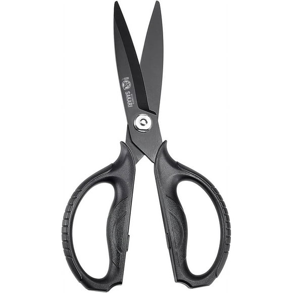 MITSUMOTO SAKARI Japanese Kitchen Scissors, All Purpose, Black Titanium Plated Heavy Duty, Multipurpose Cooking and Herb Scissors with Micro Serrated Edge