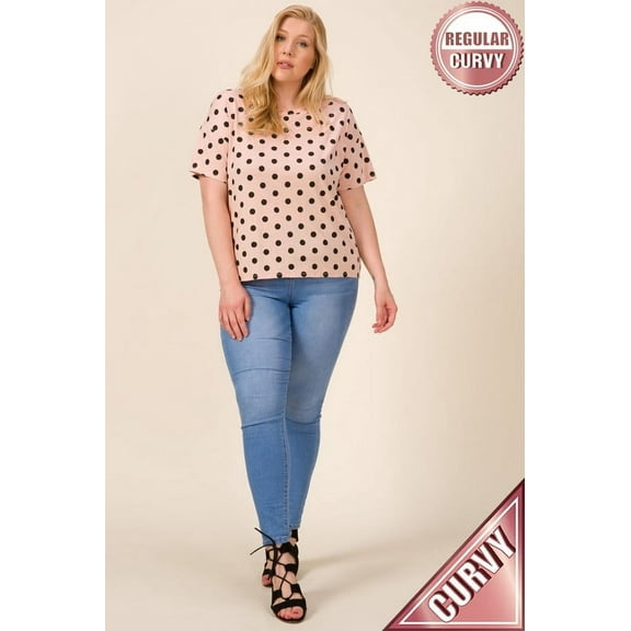 MITTOSHOP PLUS SIZE POLKA DOT ROUND NECK KNIT TOP LINEN BLEND