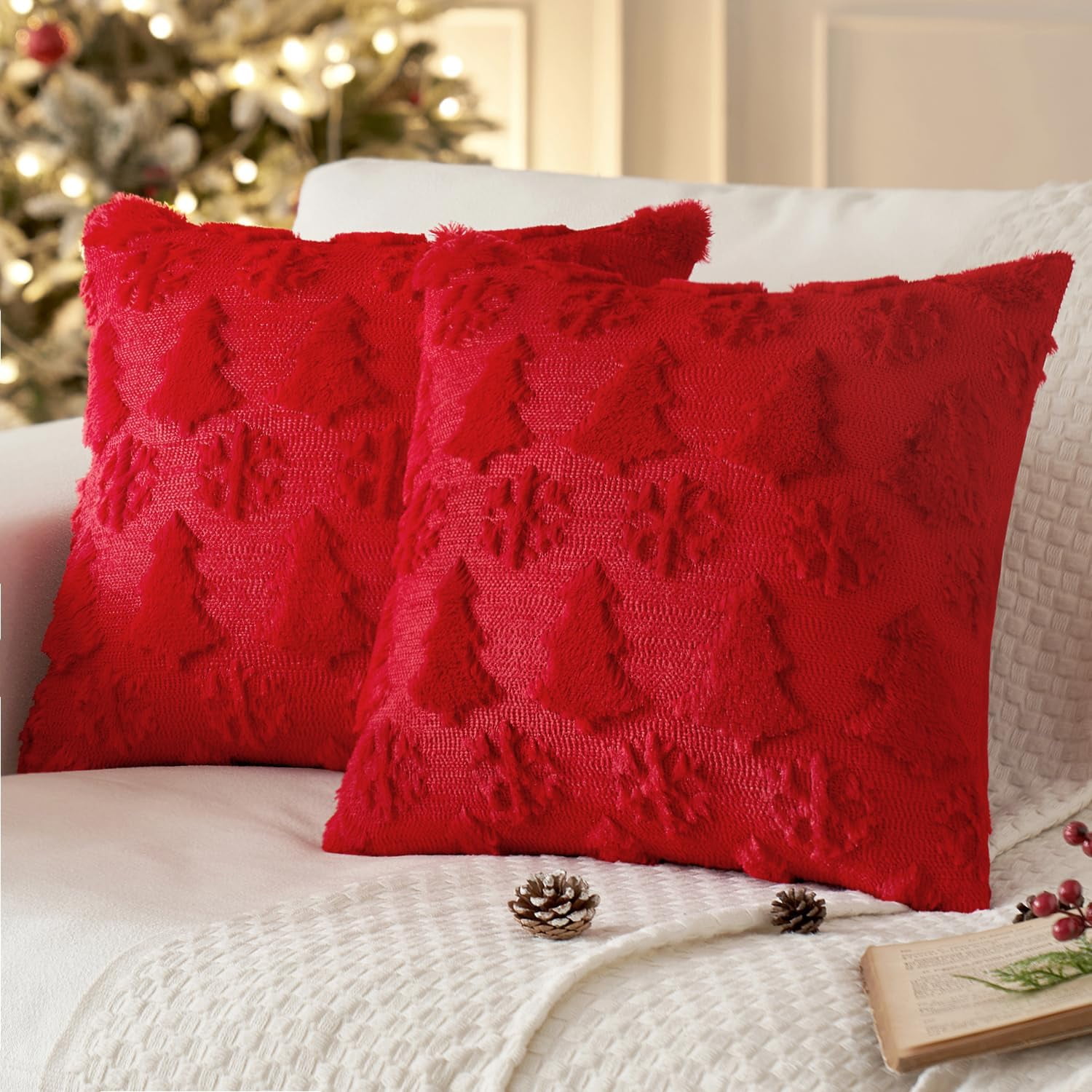 Red Christmas Tree and Snowflake 18x18 Inch Pillow Covers Set