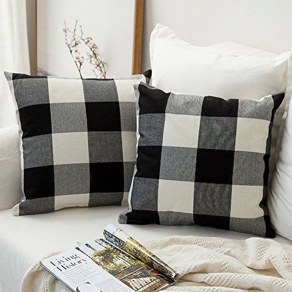 MIULEE Pack of 2 Classic Retro Checkers Plaids Linen Soft Soild Decorative Square Throw Pillow Covers Home Decor Design Set Cushion Case for Fall Sofa Bedroom Car 18 x 18 Inch, Black and Whi