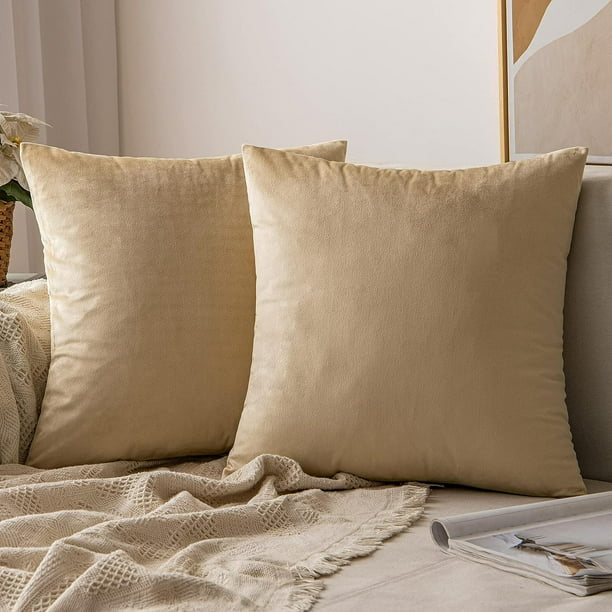 MIULEE Pack of 2 Beige Velvet Throw Pillow Covers 12x12 inch Soft Solid Decorative Square Set Cushion Cases for Couch Sofa Bedroom Size 12 x 12