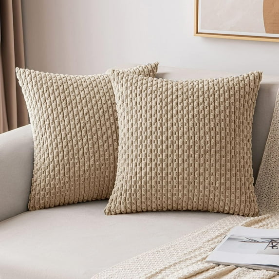 Throw Pillow Covers Soft Corduroy Decorative Set of 2 Boho Striped Pillow Covers Pillowcases Farmhouse Home Decor for Couch Bed Sofa Living Room 20x20 Inch Tan