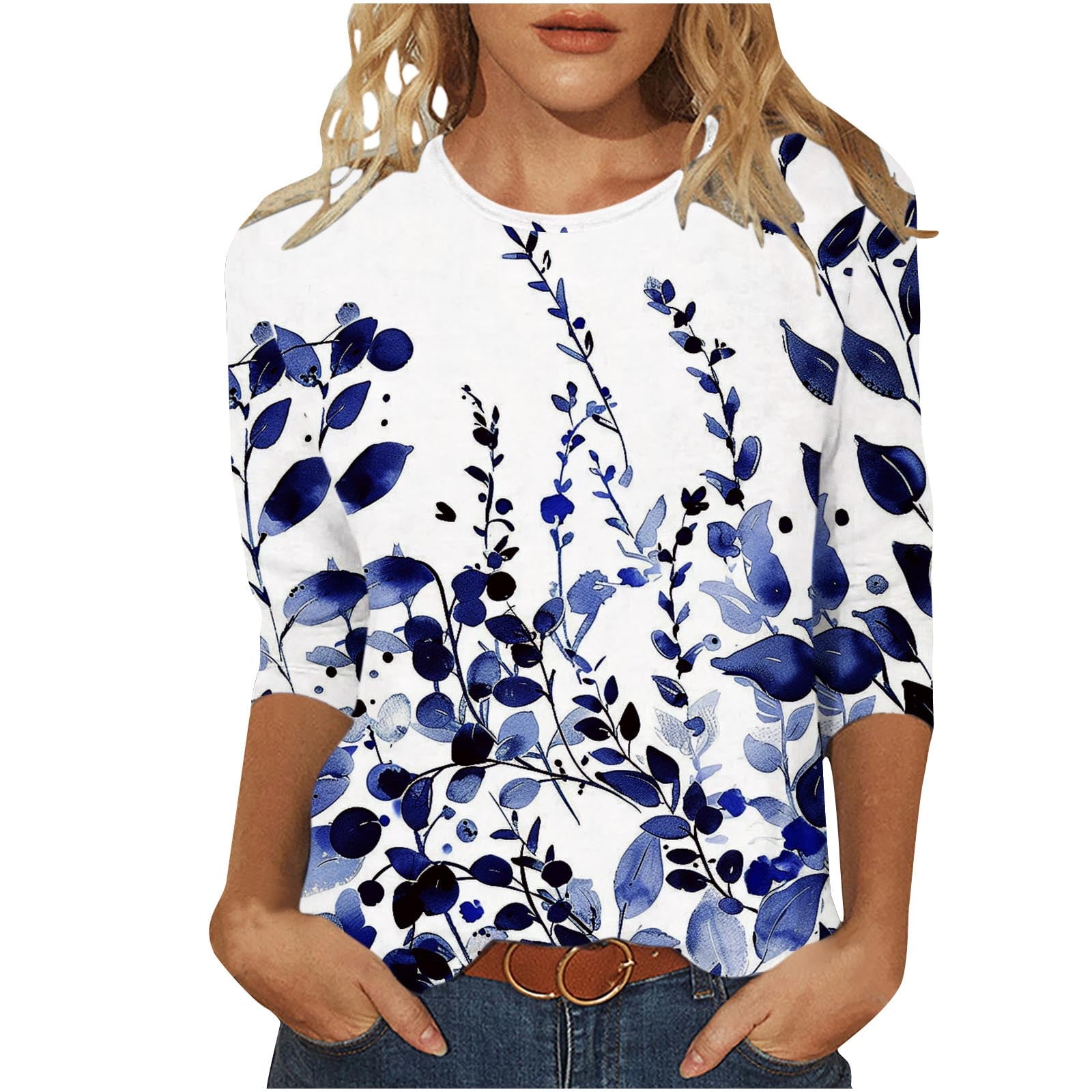 MIUOWANP 2024 Women's Fashion Tees Casual Crewneck 3/4 Sleeve Loose Cute T Shirt Ladies Top Ladies Plus Size Top Shirt on Sale Blue XL