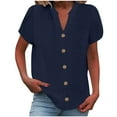 thumbnail image 1 of MIUOWANP 2025 Summer Tops for Women Button Down V Neck Blouse Comfy Cotton Linen Short Sleeve Solid Color Shirt Blue M, 1 of 5