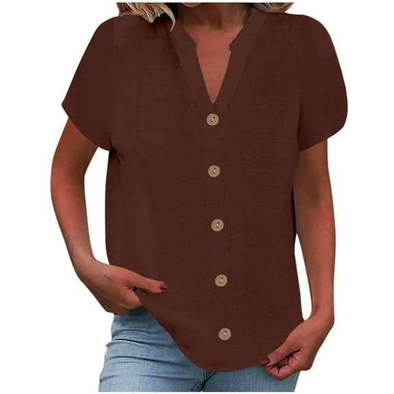 MIUOWANP 2025 Summer Tops for Women Button Down V Neck Blouse Comfy Cotton Linen Short Sleeve Solid Color Shirt Brown M