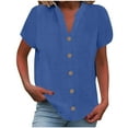 thumbnail image 1 of MIUOWANP 2025 Summer Tops for Women Button Down V Neck Blouse Comfy Cotton Linen Short Sleeve Solid Color Shirt Navy S, 1 of 5