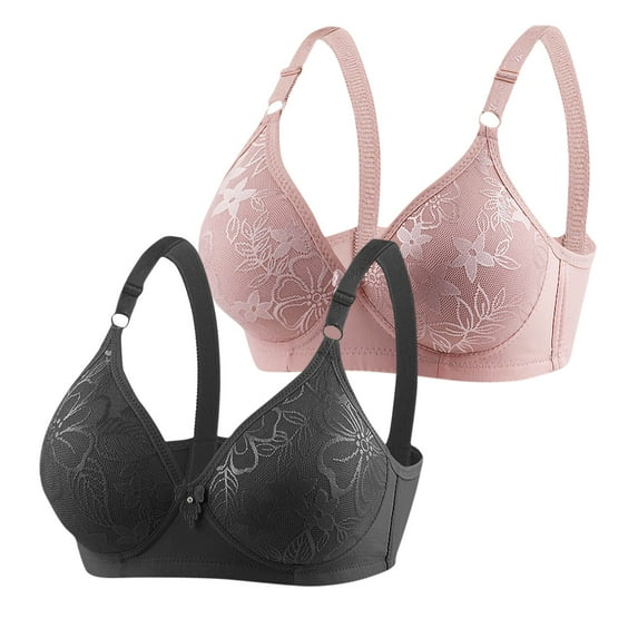 MIUOWANP 2PC Woman's Bras No Underwire Full Support Adjustable Shoulder Strap Bra Floral Print Optimal Push-Up Bra,(Black+Bean Paste Color) L