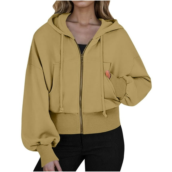 MaFYtyTPR Women's Stylish Hooded Casual Jacket With Zipper Pocket In Solid Color Khaki S